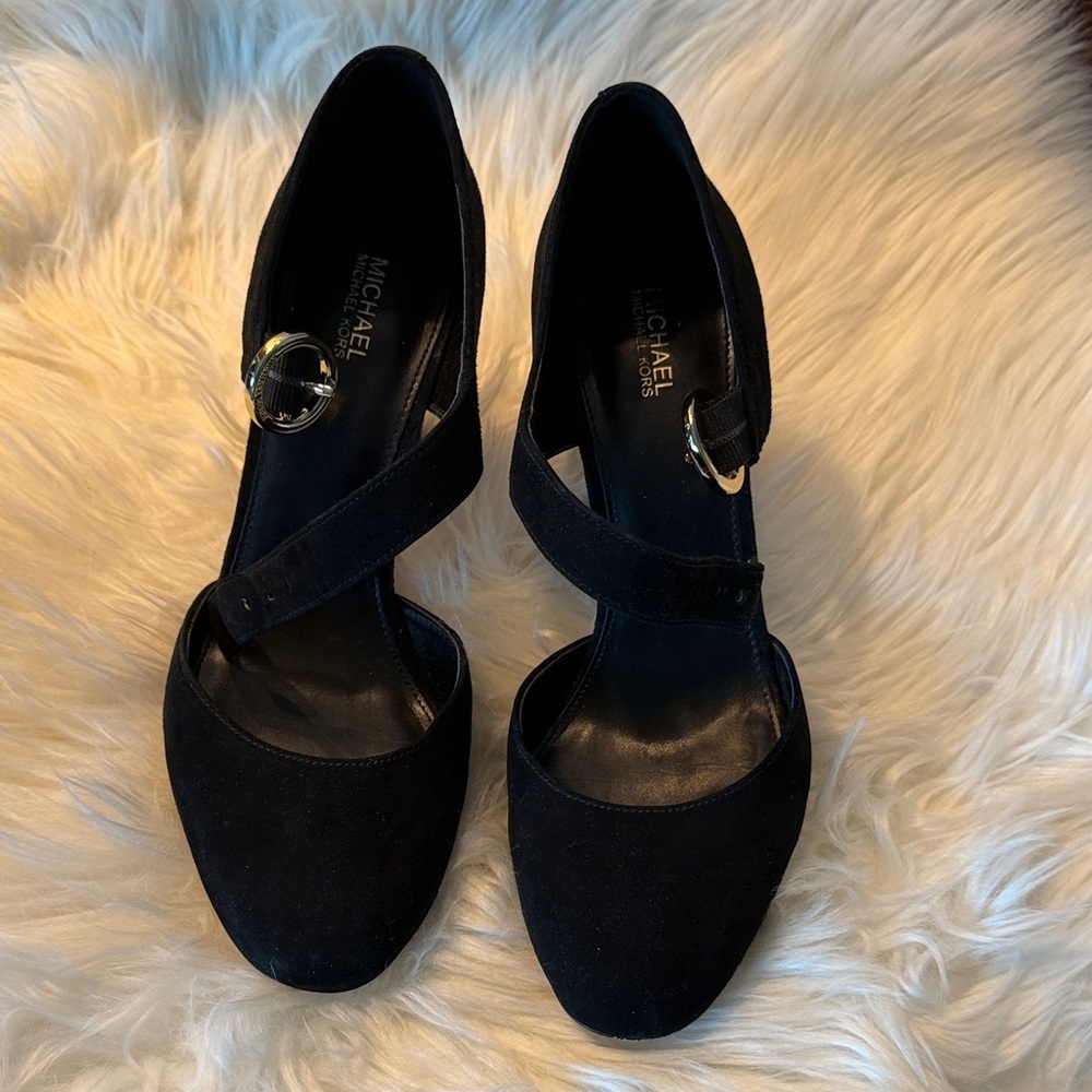 Michael Kors Black Suede Cross-Strap Heels with Gold Accent